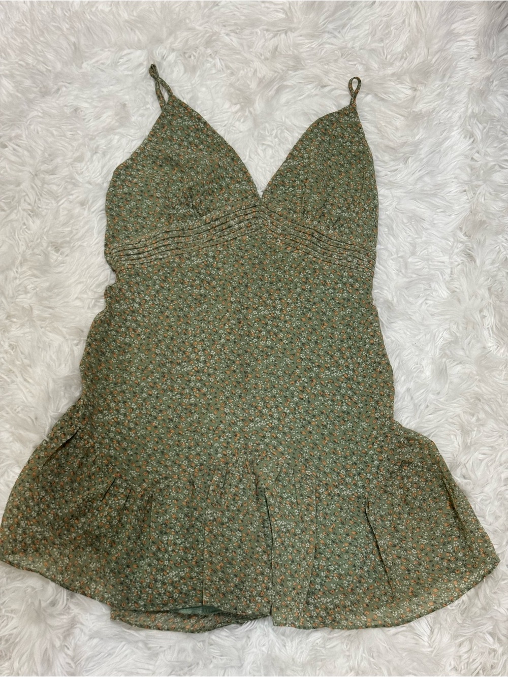 Papaya Sage Green Ditsy Floral Mini Dress L V Neck Cami Ruffle Hem Cottagecore